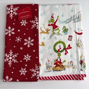 Hallmark Kitchen Grinch Tea Towels Set Of 2 Red White Snowflake Kitchen New